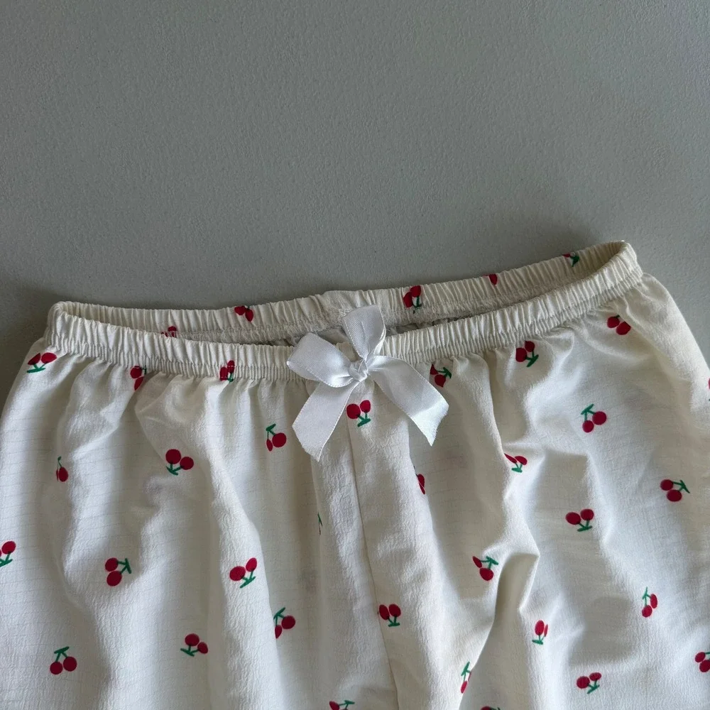 Women M Cream Red Cherry Print Pajama Set Short Sleeve Button Down Top and Pants